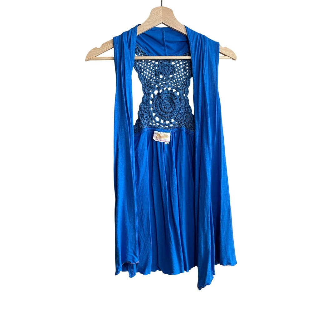 Santiki Crochet Racerback Open Front Vest Medium Blue Womens Boho Draped